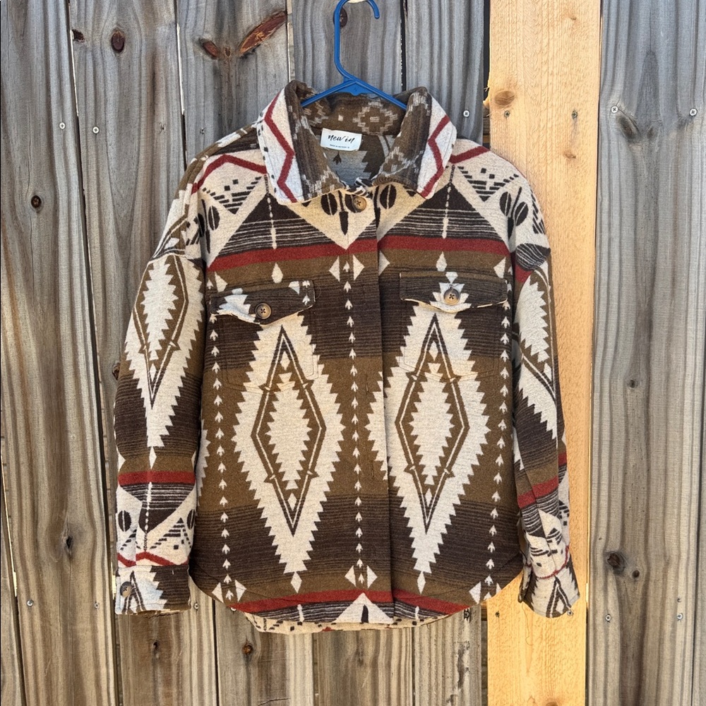 Sherpa-lined Aztec or Southwestern print shacket (shirt jacket).